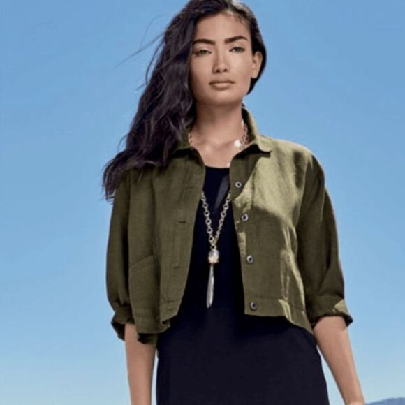 Eileen Fisher Lightweight Cropped Olive Green Button Down Jacket Tencel Linen M - Picture 9 of 10